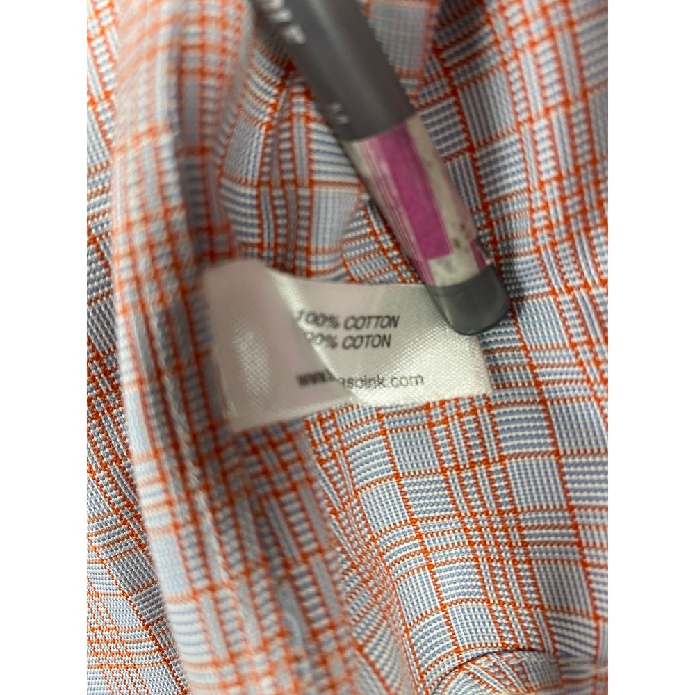 Thomas Pink Mens 15 Orange Blue Check Slim Fit French Cuff Cotton Dress Shirt - Picture 12 of 12